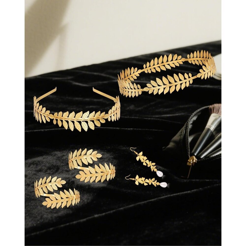 Greek Goddess Costume Accessories Set Women Laurel Crown Armbands Jewelry - Picture 5 of 7